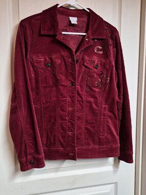 Chico's Red Velvet Jacket Sequin Paisley Embellished Women US Size 1 (Med) Boho